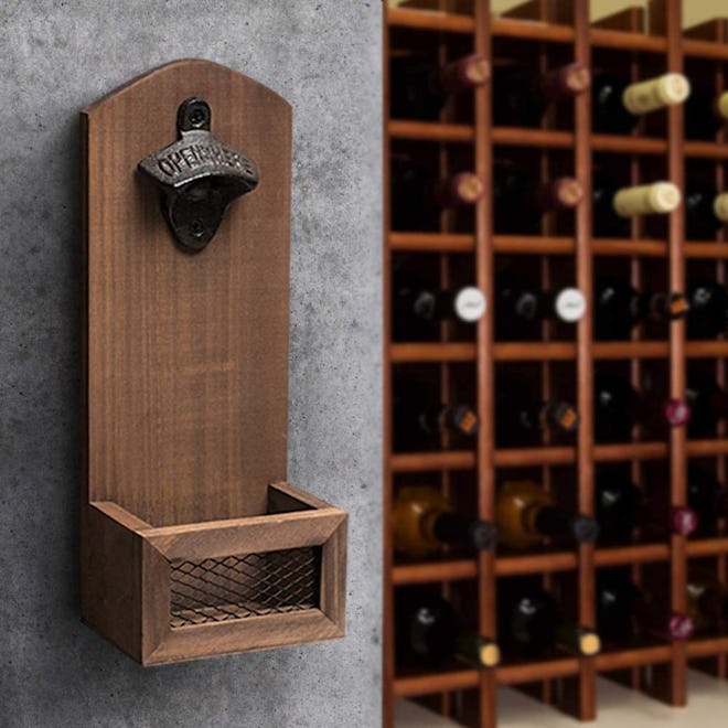 ZGZD Vintage Wall Mounted Wooden Bottle Opener With Cap Catcher