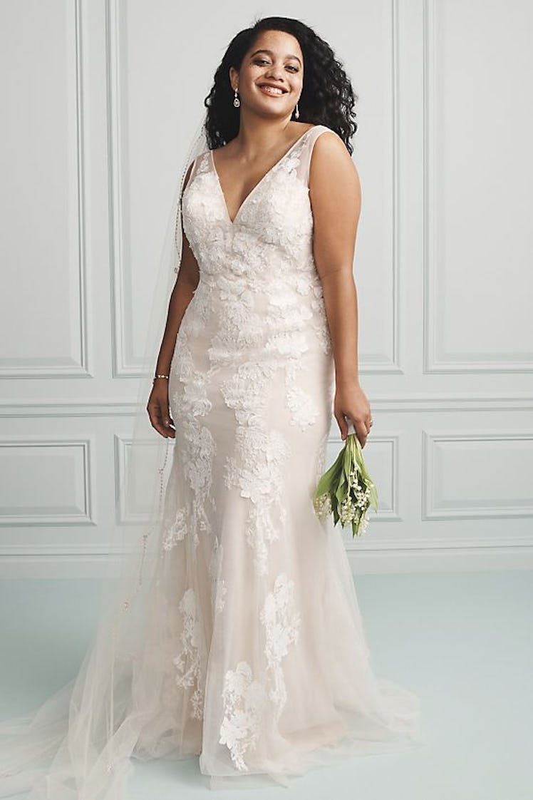 Deep V Plus Size Wedding Gown with Floral Applique