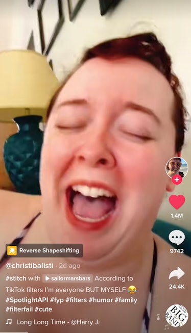 A woman laughs at the funniest reverse shapeshifting TikTok reveal. 