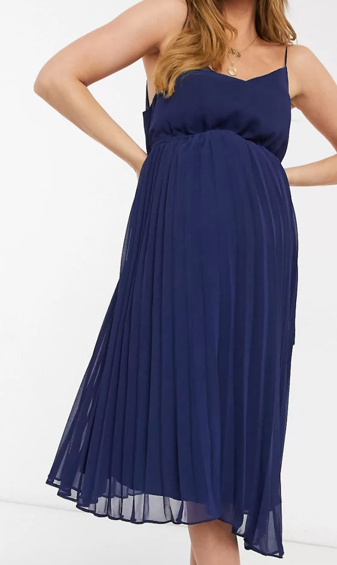 ASOS Design Maternity Pleated Cami Midi Dress With Drawstring Waist in Navy