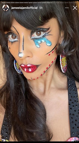 Jameela Jamil shows off a pop art makeup look on her Instagram stories.