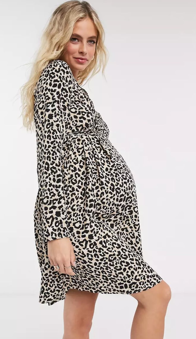 ASOS Design Maternity Nursing Mini Wrap Dress with Long Sleeves in Leopard Print