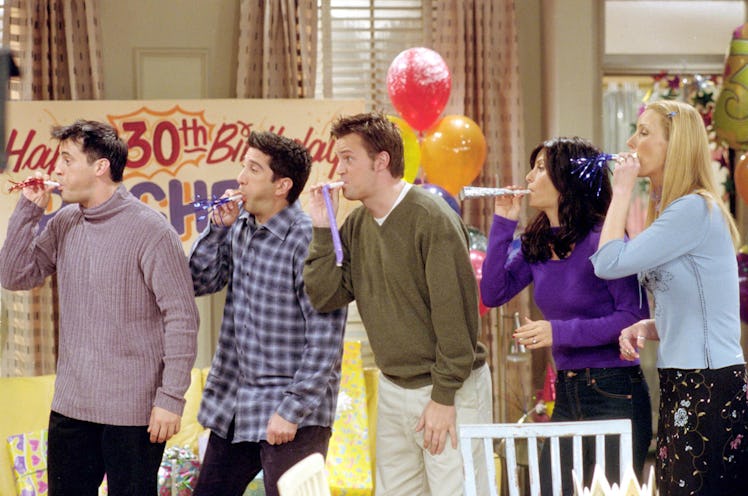 The 'Friends' cast blowing horns in celebration of all the experiences you can participate in ahead ...