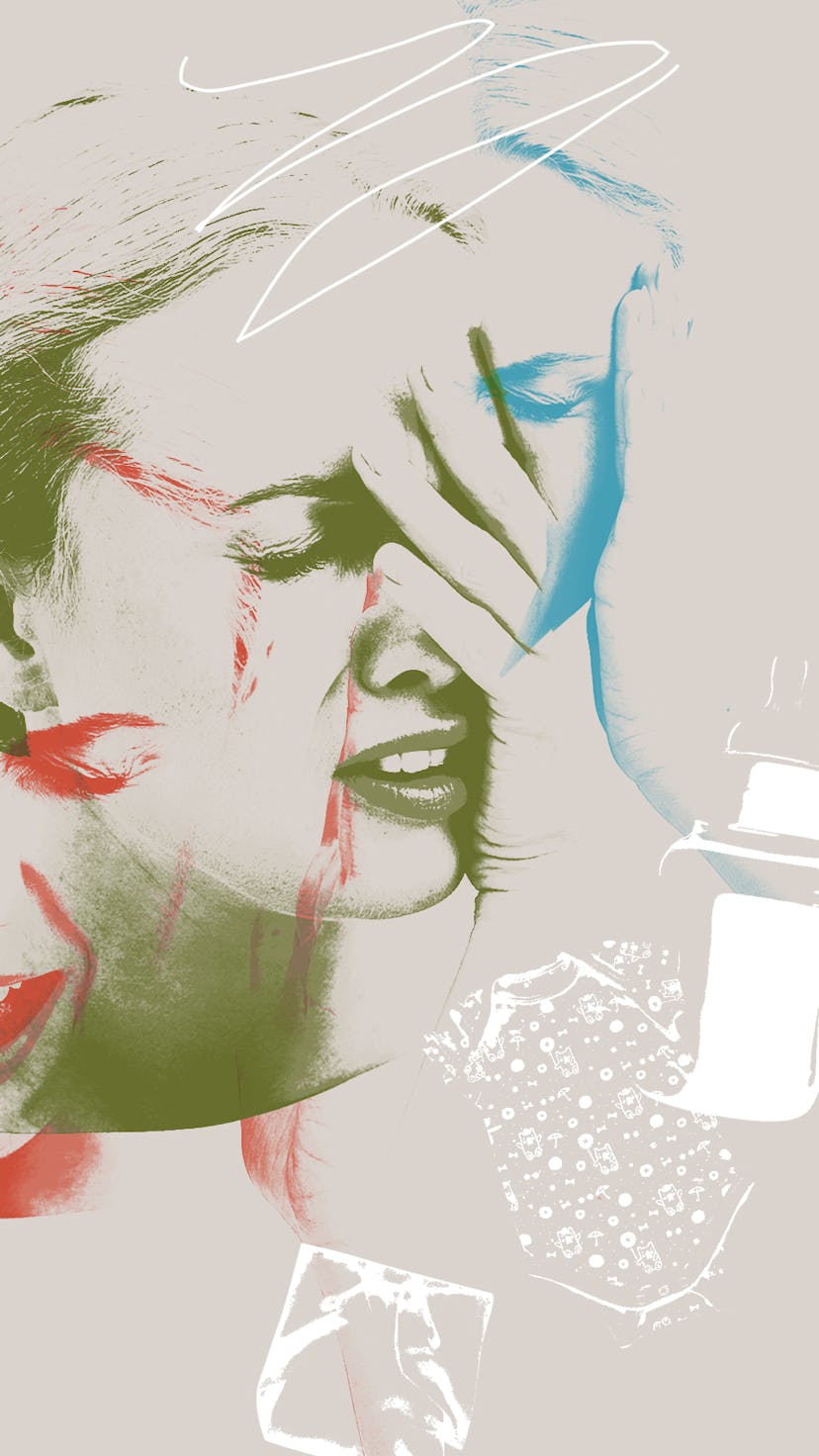 A collage with a worried-looking woman holding her hand on her face next to a baby bottle and onesie
