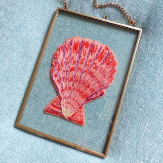 Pink Scallop Shell Gold Framed Embroidery Art