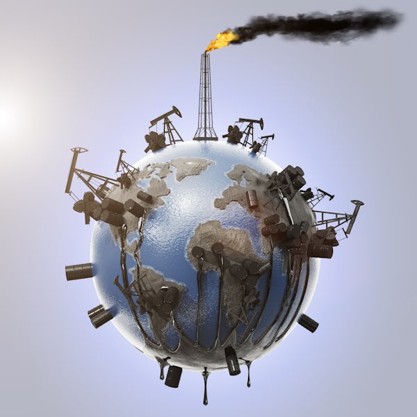 The concept of pollution of the planet with the oil industry from which oil flows and pollutes the e...