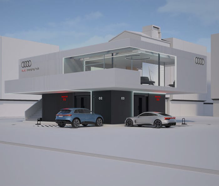 Audi is testing a vehicle charging hub concept that would alleviate strain on electrical grids.