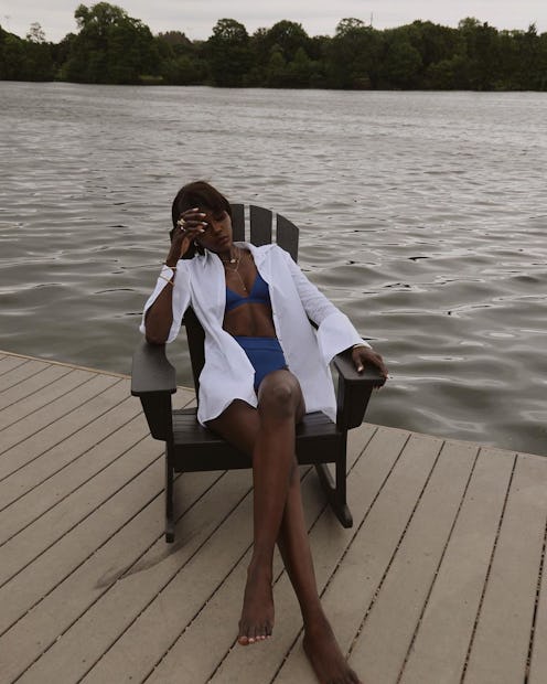 Blogger and model Amy Julliette Lefévre wears the Vitamin A Swim x Misha Nonoo collab. The swim wil...