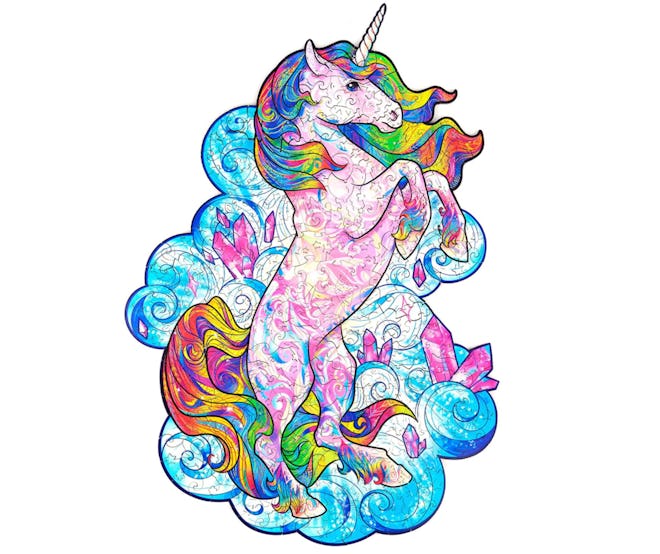 If you're looking for wooden jigsaw puzzles for adults, consider this whimsical unicorn puzzle.