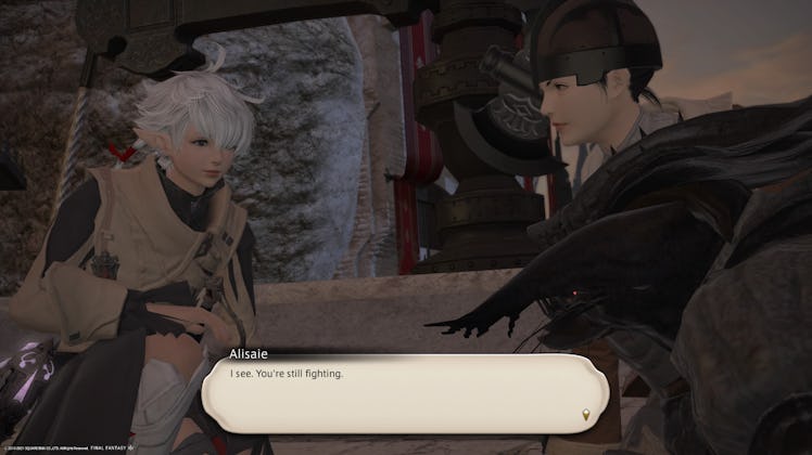 Alisaie speaking to two characters in a dialogue segment in Final Fantasy XIV