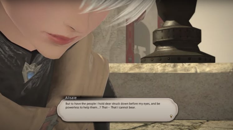 A close-up of Alisaie's face during a dialogue segment in Final Fantasy XIV
