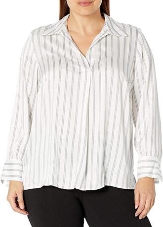 Nine West Plus Size Stripe Satin Collar Shirt