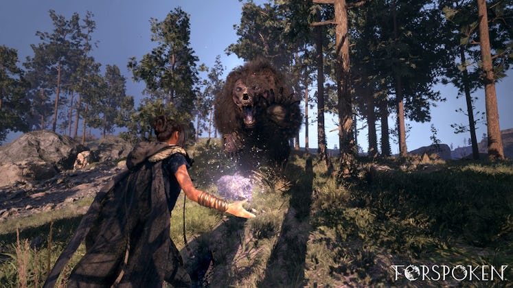 forspoken gameplay magic vs giant bear creature