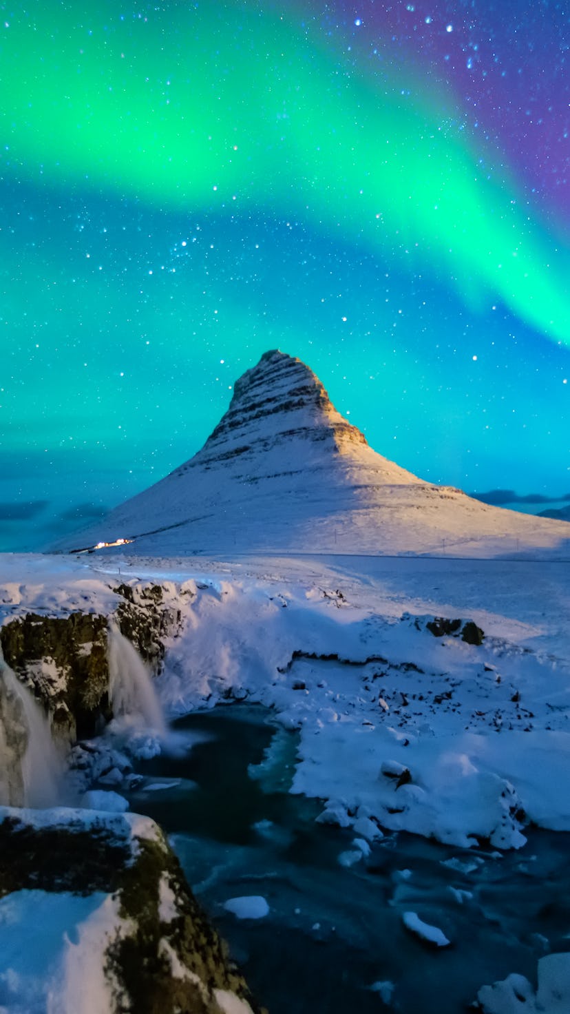Northern lights at Mount Kirkjufell, Iceland.