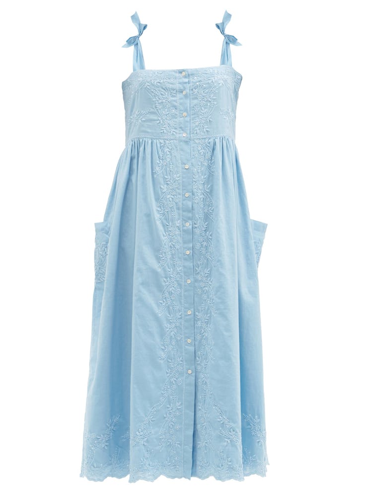 Tie-shoulder Floral-Embroidered Cotton Dress