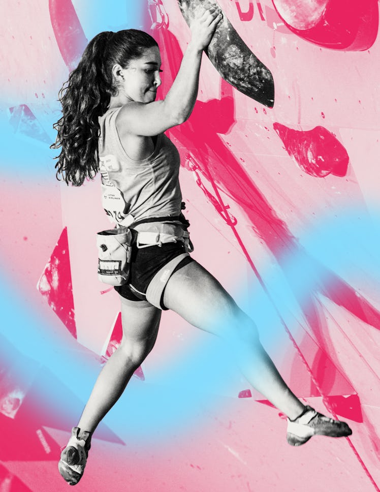 Climber Brooke Raboutou scales a wall, with the image seen in pink and blue