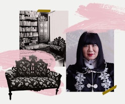 Collage of Anna Sui, her home office, and her black seater sofa