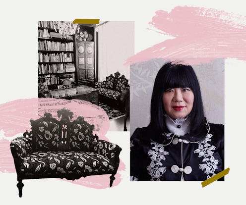 Collage of Anna Sui, her home office, and her black seater sofa