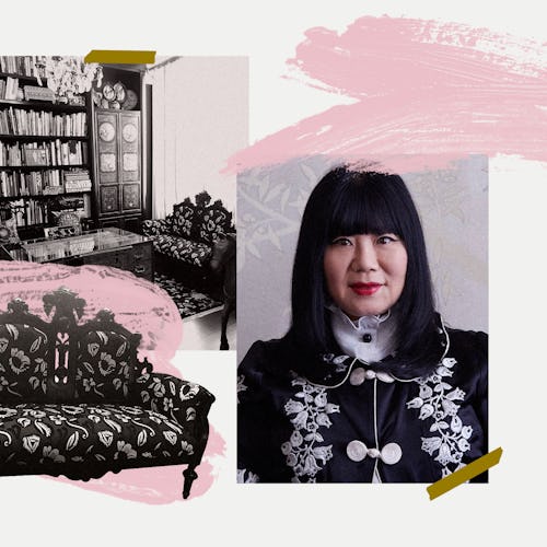 Collage of Anna Sui, her home office, and her black seater sofa