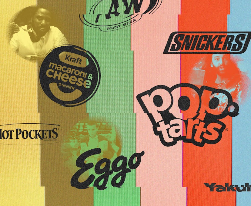 A collage with logos of the 90s popular snacks like Pop Tarts, Eggo Waffles, and Snickers
