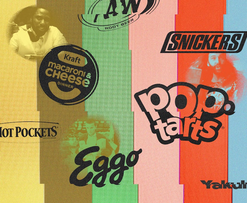 A collage with logos of the 90s popular snacks like Pop Tarts, Eggo Waffles, and Snickers