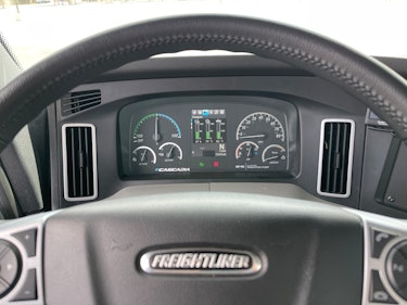 The instrument cluster of the Freightliner eCascadia.