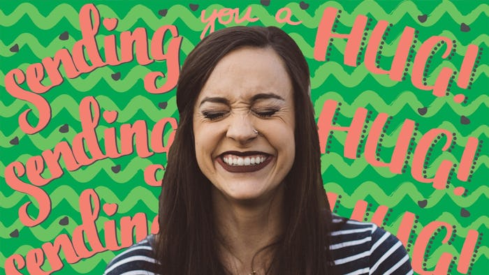 Woman smiling in front of a Father's Day zoom background that says "sending you a hug!" 