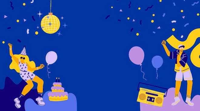 Blue Purple and Yellow Disco Music Birthday Zoom Virtual Background