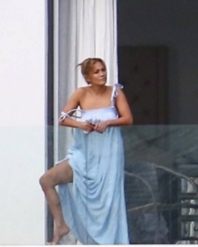 Jennifer Lopez wearing a blue dress while in Miami with Ben Affleck.