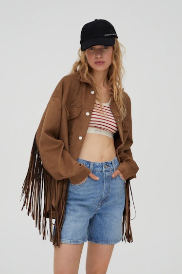 Faux Suede Overshirt With Fringe