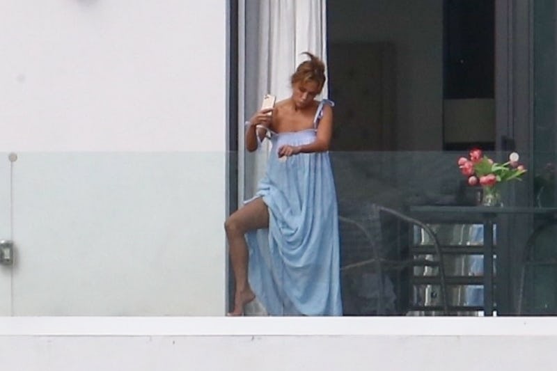 Jennifer Lopez wearing a blue dress while in Miami with Ben Affleck.