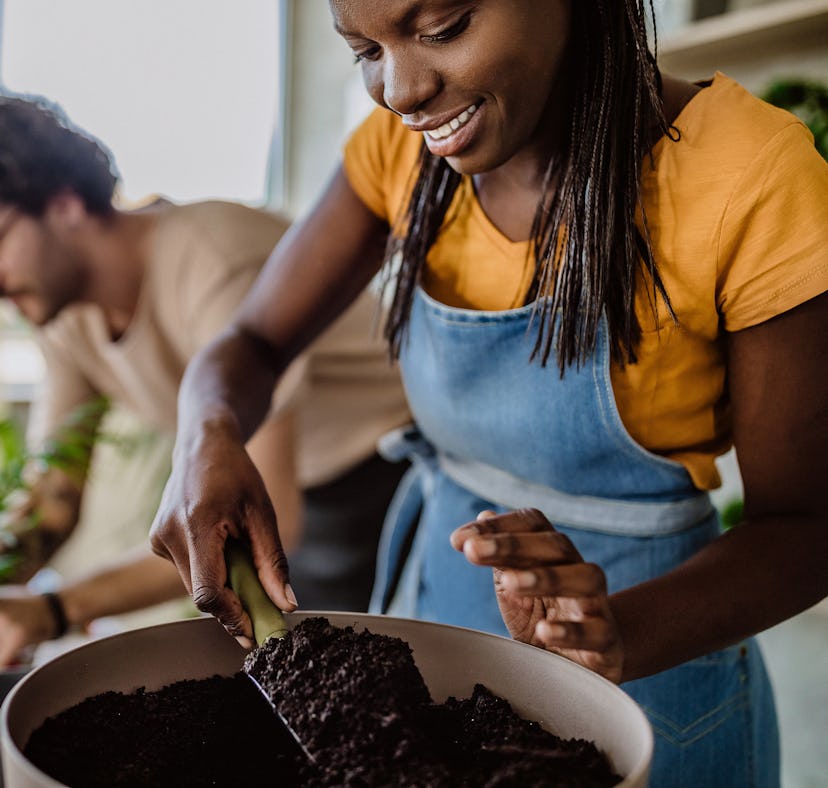 Couple potting plants as part of the 2021 home decor trend they should try, based on their zodiac si...