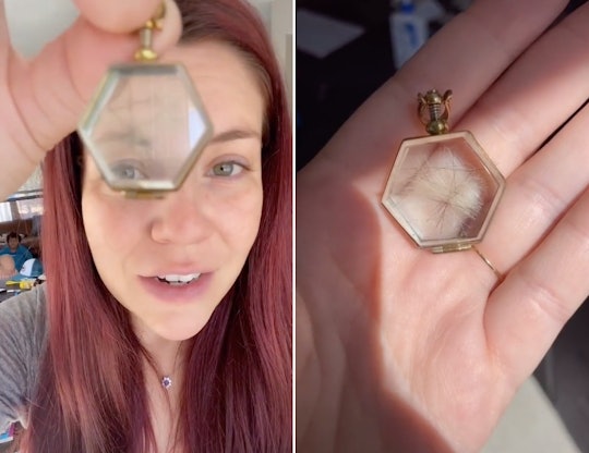 Hannah Williams holds up a pendant containing her children's hair.