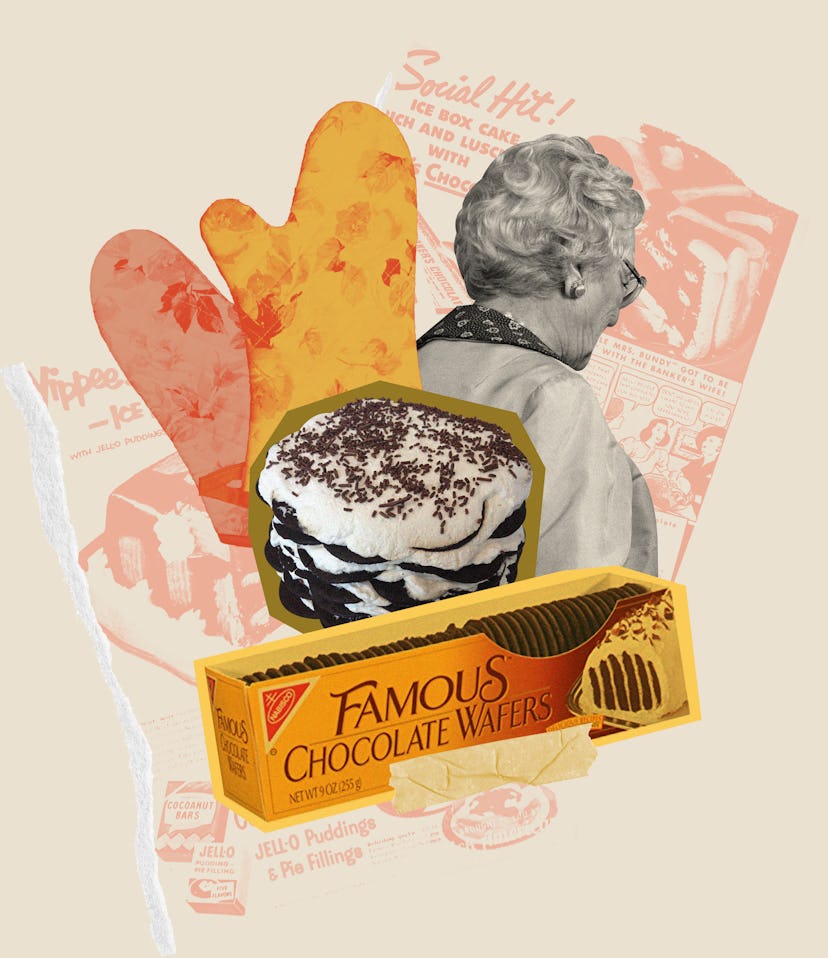 A collage photo with Nabisco famous chocolate wafers icebox cake package