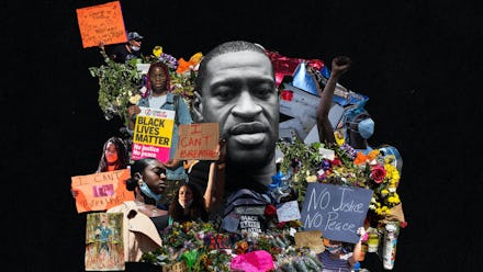 A collage of the segment of the memorial site for George Floyd and his portrait
