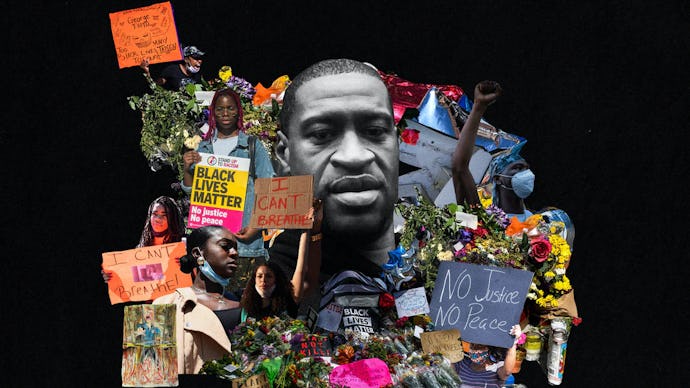 A collage of the segment of the memorial site for George Floyd and his portrait