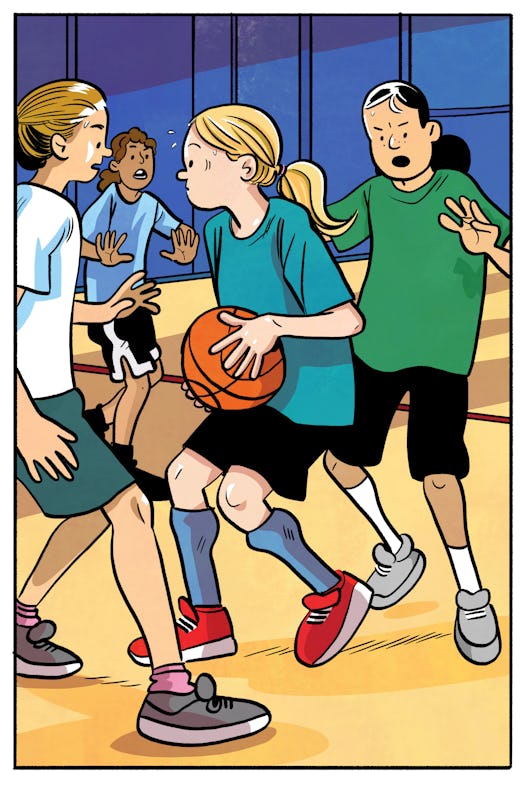 A cartoon illustration of the author's daughter playing basketball. She has a long blond ponytail an...