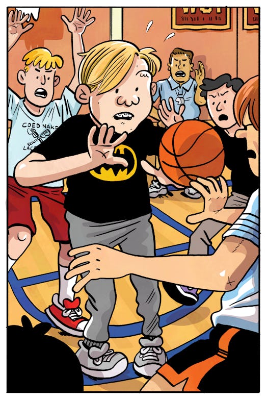 A cartoon illustration of the author as a middle-schooler: a blond boy wearing a Batman t-shirt abou...
