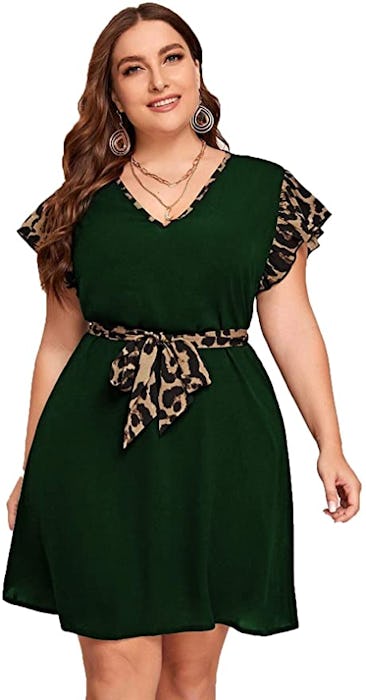 Romwe Women's Short Sleeve Leopard Print Midi Dress