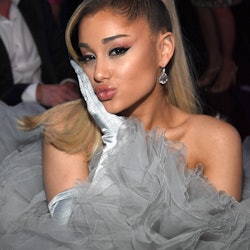 Ariana Grande wearing a gray dress from Giambattista Valli at the 62nd Annual Grammy Awards.
