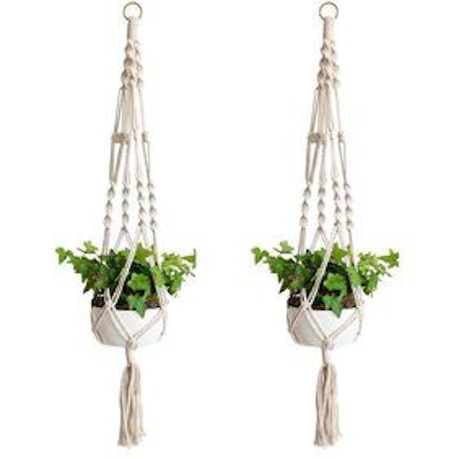 2 Pack Macrame Plant Hangers Indoor Hanging Planter Basket with Wood Beads Decorative Flower Pot Hol...