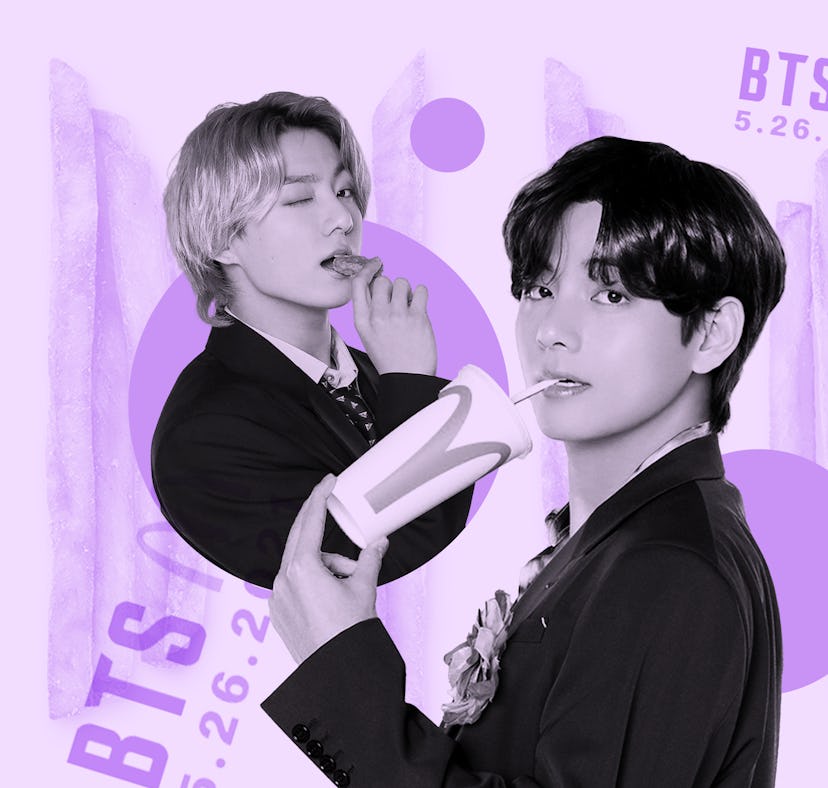 V and Suga from BTS drinking and eating the BTS McDonald's meal products