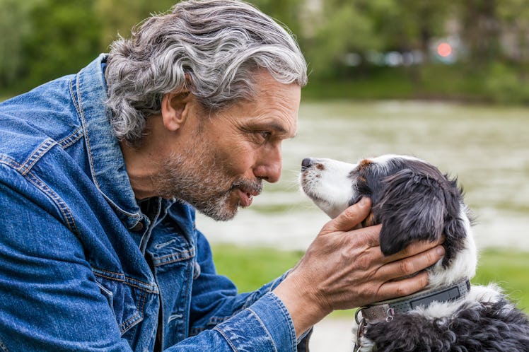 Man plays with dog