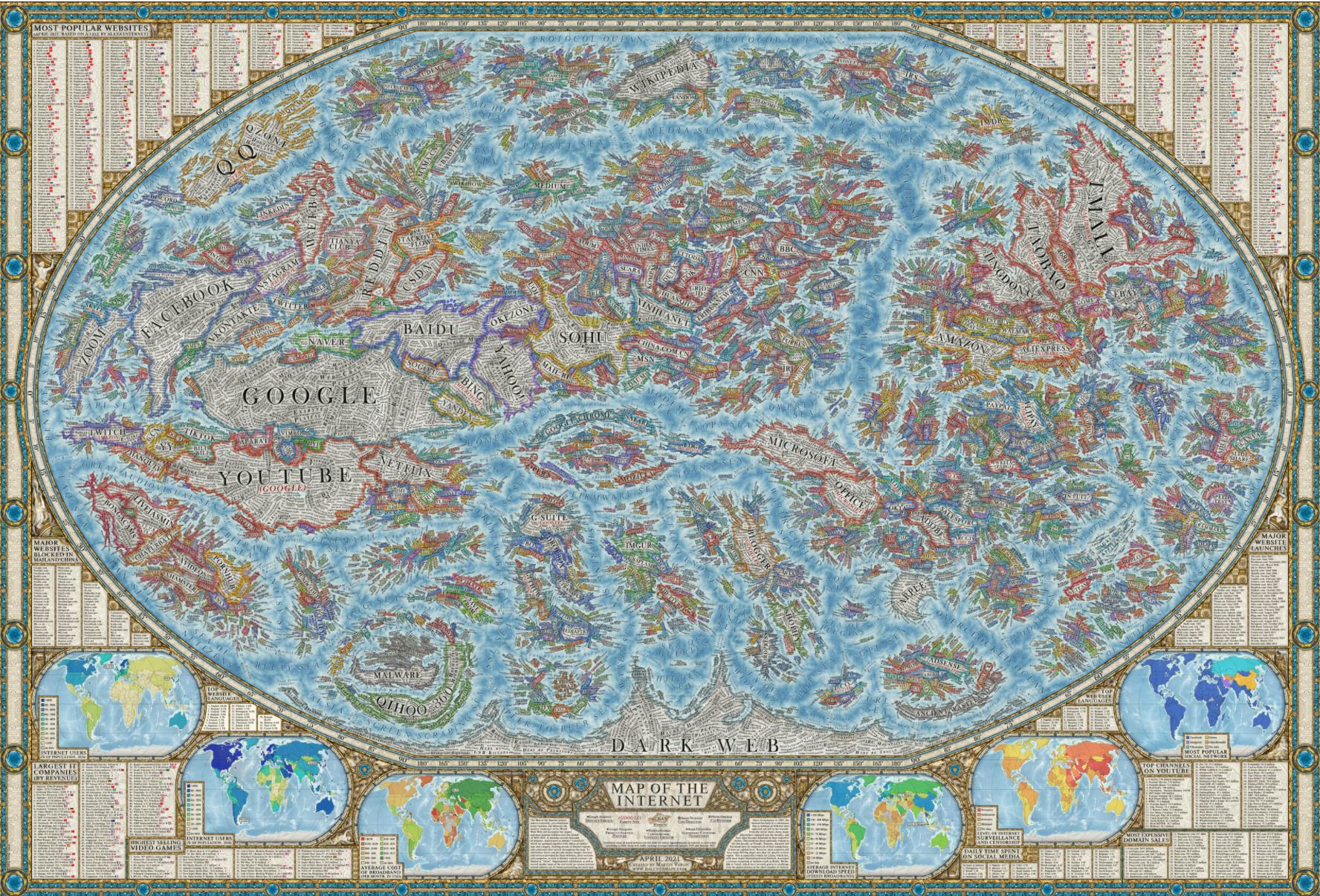 World map of the internet by Martin Vargic. Data visualization. Art. Data viz. Graphic design. Carto...