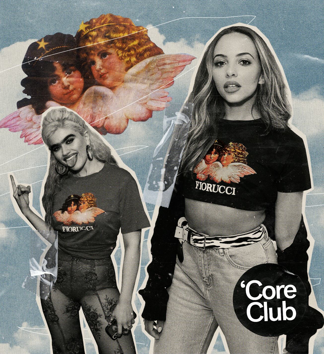 Two models wearing Fiorucci's dreamy angelcore aesthetic T-shirts.