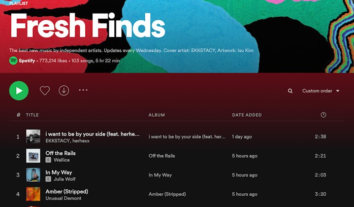 Spotify Fresh Finds playlist screenshot for Fresh Finds Program