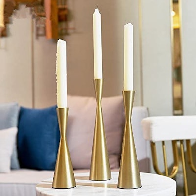 KiaoTime Brass Gold Metal Taper Candle Holders (Set of 3)
