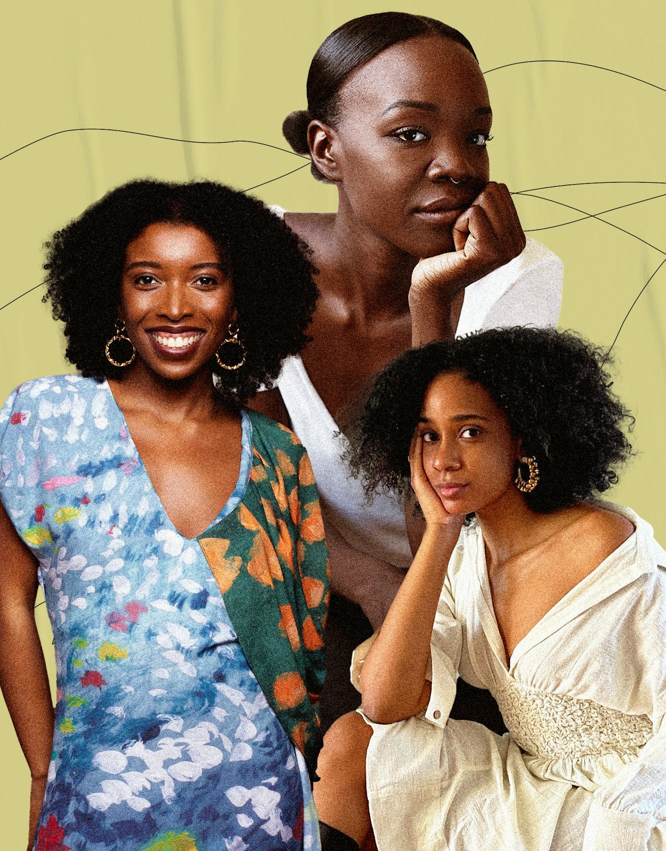 Recho Omondi in a white tee, Amira Rasool in a blue dress with paint stain patterns and Naomi Elizée...