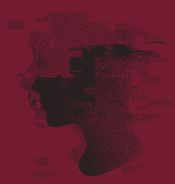Human head made of particles with glitch art effect. Concept illustration of Mental health awareness or Artificial Mind.