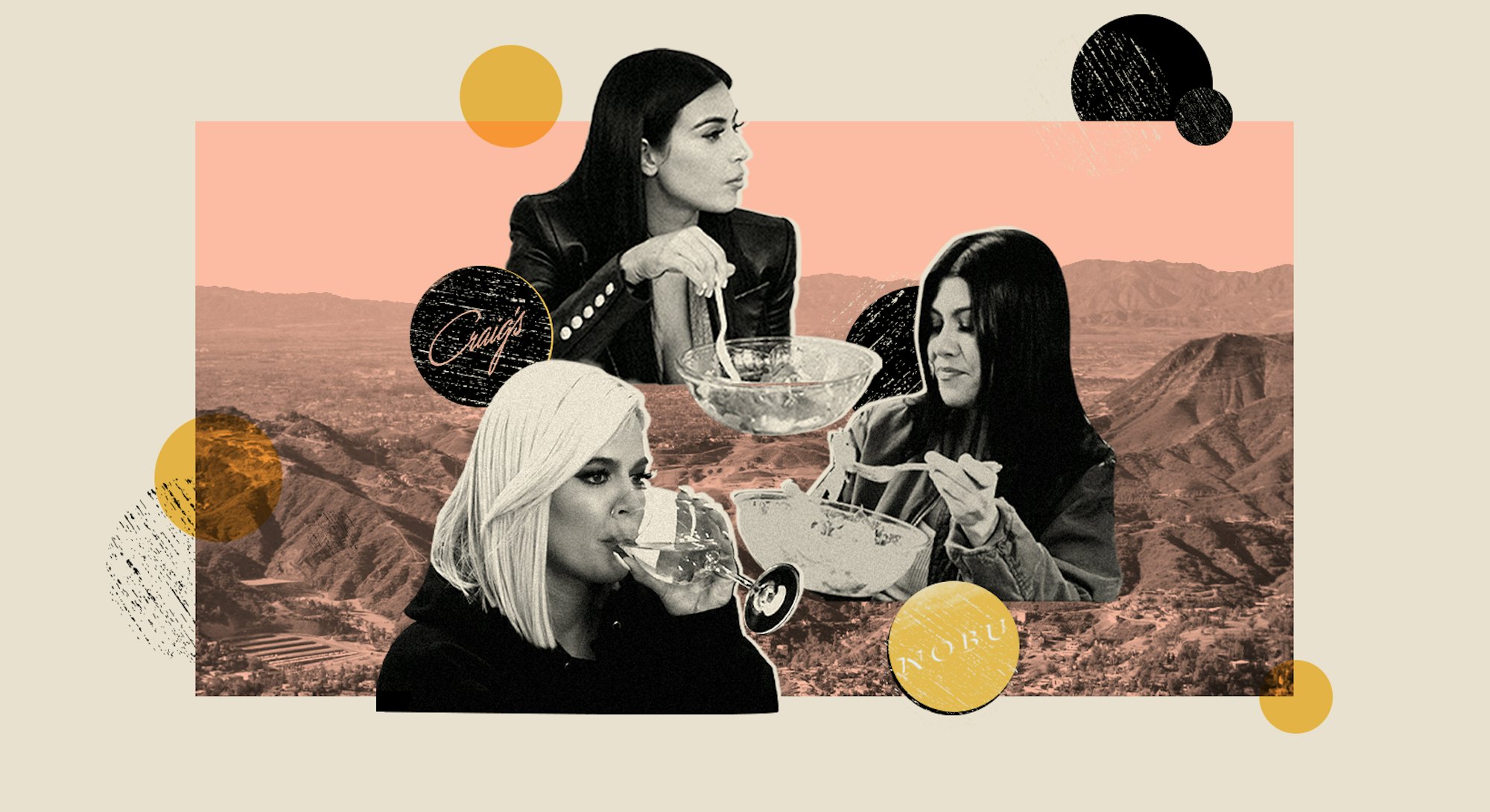 A collage photo of The Kardashian sisters dining out